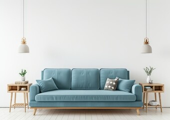 Modern living room interior with blue sofa. two side tables. and pendant lamps against a white wall