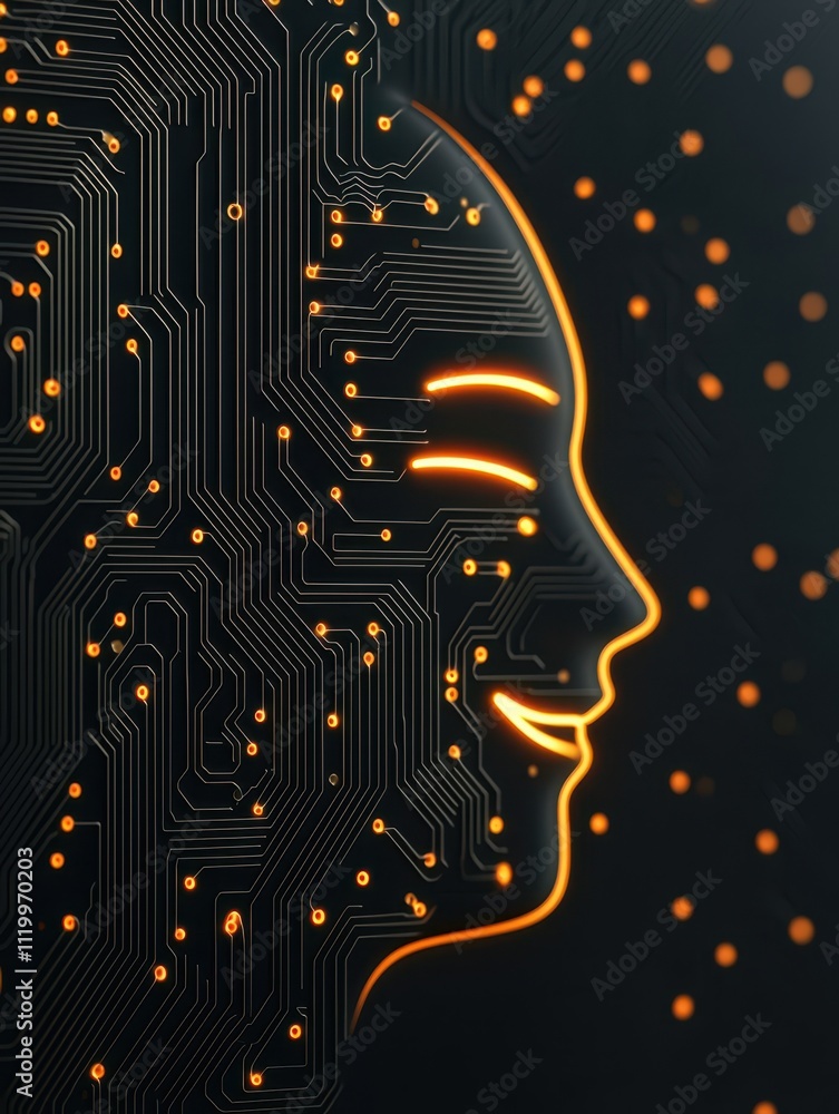 Poster smiling robot face design integrated into a futuristic circuit board