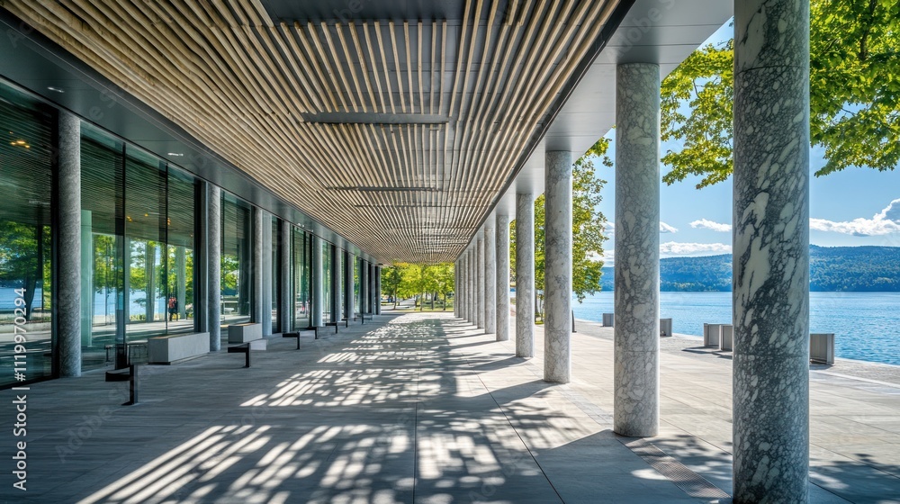 Poster modern architectural space with columns and large windows overlooking a serene waterfront.