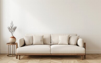 Minimalist living room interior with a white sofa and a side table with a vase of dried flowers against a white wall