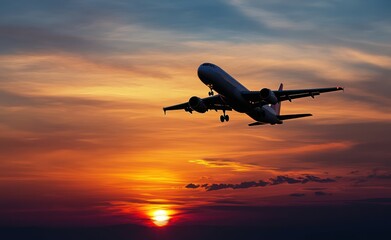 A passenger plane flying in the sky at sunset