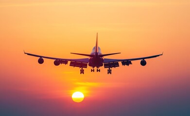 Fototapeta premium A passenger plane flying in the sky at sunset