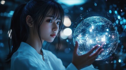 Naklejka premium A woman is holding a glowing sphere in her hand. Generative AI
