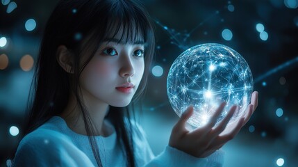 Naklejka premium A woman is holding a glowing sphere in her hand. Generative AI
