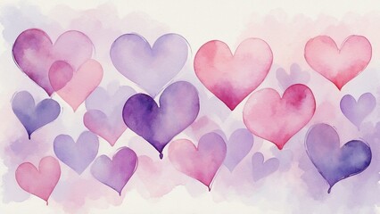 Colorful watercolor background with various hearts in soft hues