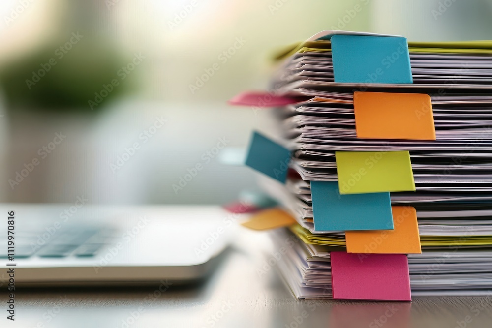 Aufkleber organized financial statements with colorful tabs office setting document stack bright environment c