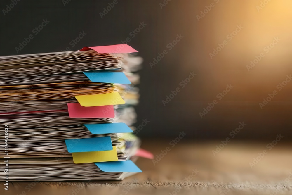 Aufkleber organized financial statements stack with colorful tabs office setting document arrangement warm lig