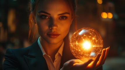 Naklejka premium A woman is holding a glowing orb in her hand. Generative AI