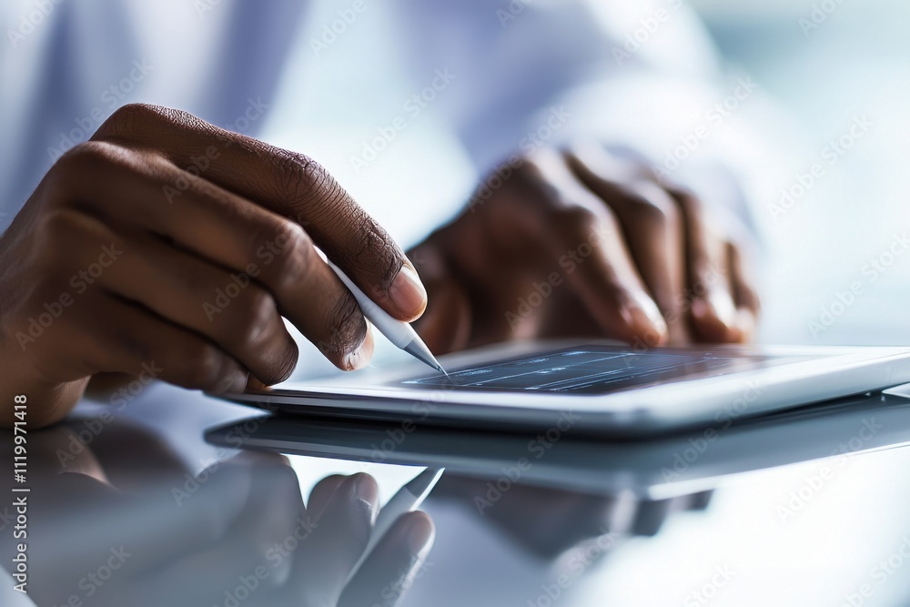 Poster securing digital financial records encrypting data on tablets in a modern office environment for enh