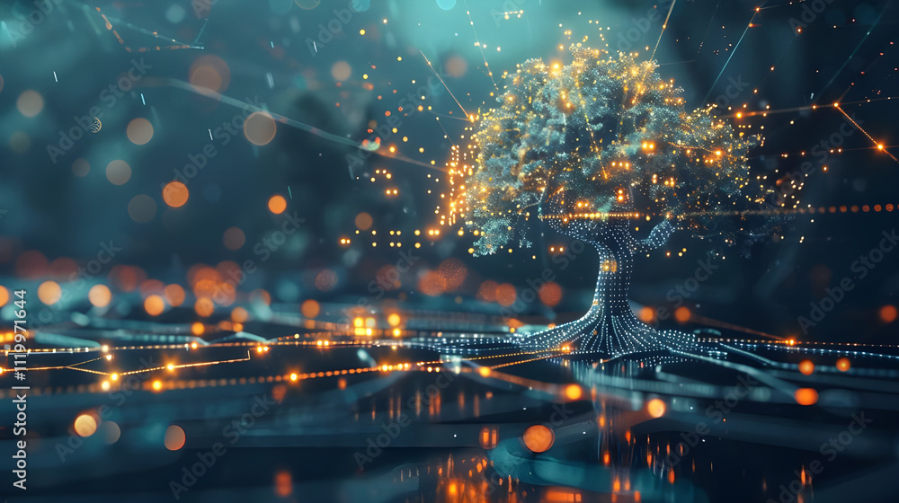 Poster glowing digital tree with interconnected nodes and lines, representing growth, network, and technolo