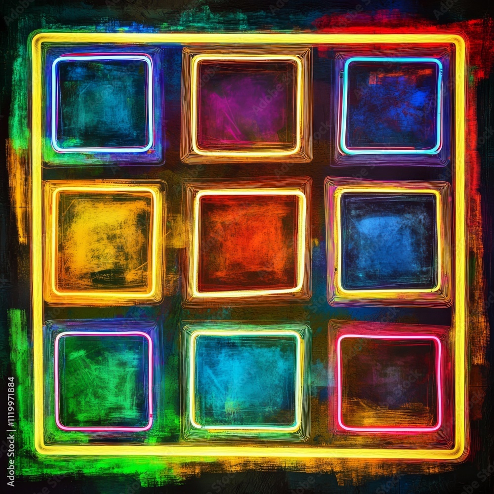 Aufkleber Set of square neon light on a transparent background. Neon frame design. Vector illustration.
