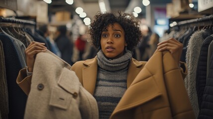 A woman in a clothing store looks confused while holding two coats.