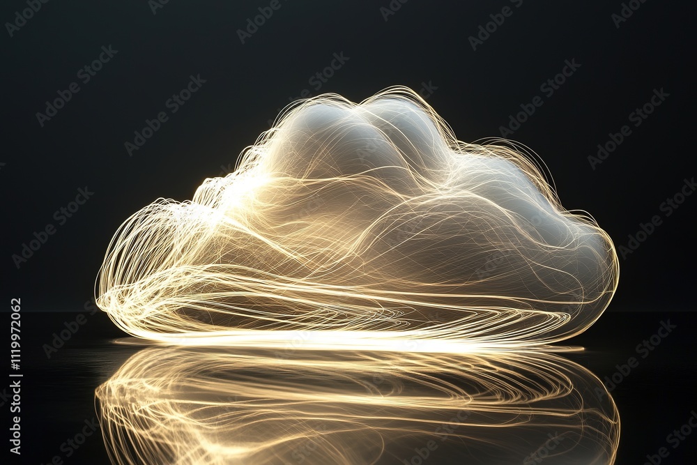 Aufkleber glowing cloud-shaped object with dynamic light trails flowing through it over reflective black surfa