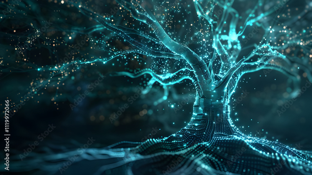 Aufkleber glowing teal digital tree with particle effects.
