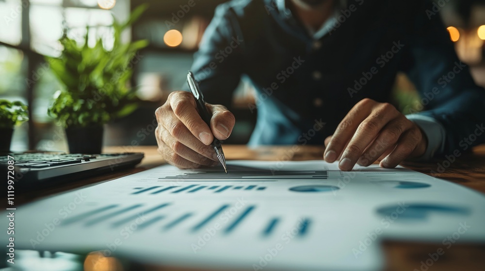 Poster in a vibrant workspace, a focused individual analyzes charts and graphs, pen in hand, brainstorming 