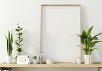 Blank wooden frame mockup with houseplants on a wooden shelf against a white wall