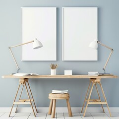 Two blank frames on a wooden desk with a stool and lamps in a light blue room