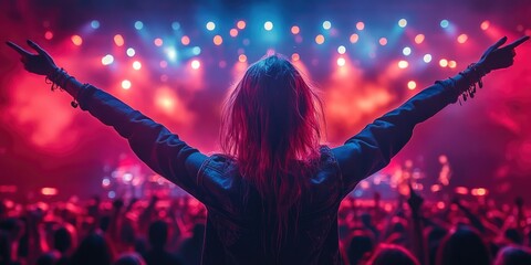 Young female enjoying live rock concert with vibrant lights and energetic crowd
