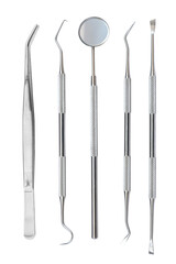 Set of stainless steel dental tools PNG file high quality.