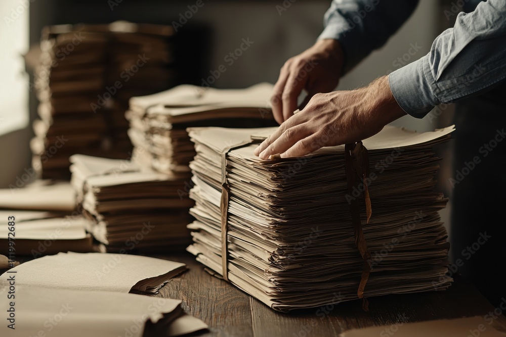 Aufkleber organizing stacks of financial documents in a modern office business environment close-up view produ