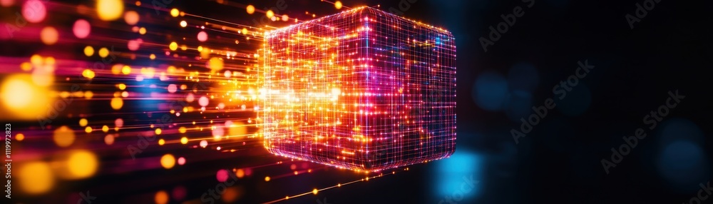 Poster a vibrant digital cube emitting colorful light trails, representing advanced technology and data vis
