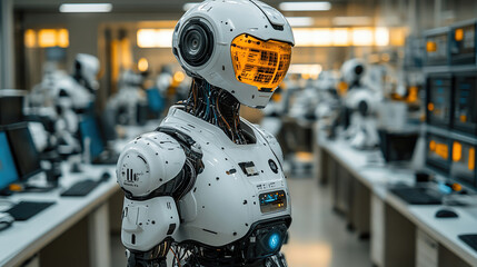 Innovation in robotics A variety of advanced robots showcased in a spacious, high-tech lab, surrounded by cutting-edge equipment.