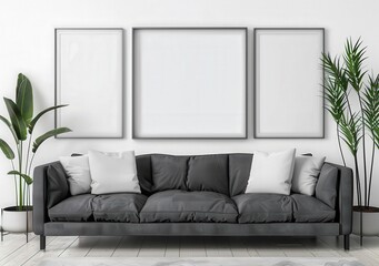 Three empty picture frames above a grey sofa in a modern living room
