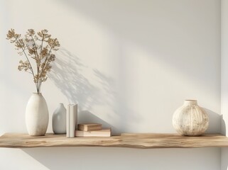 Minimalist wooden shelf with vases. books. and dried flowers against a white wall with sunlit shadows
