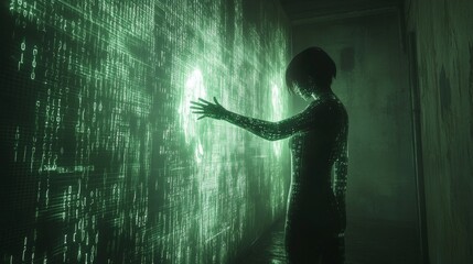 Silhouette of human interface with digital wall in cybernetic environment