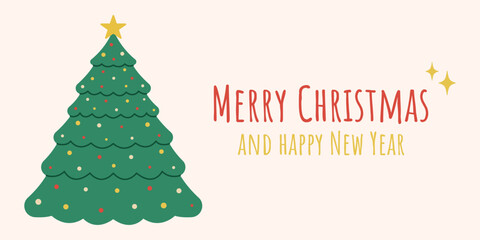 Fototapeta premium christmas card vector design, xmas tree with star and garland, flat style holiday banner, background, pine tree