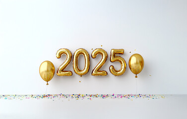 Luxurious 3D “2025” in gold, festive balloon-style typography