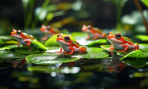 A group of vibrant orange and green frogs resting on lily pads in a serene water setting.