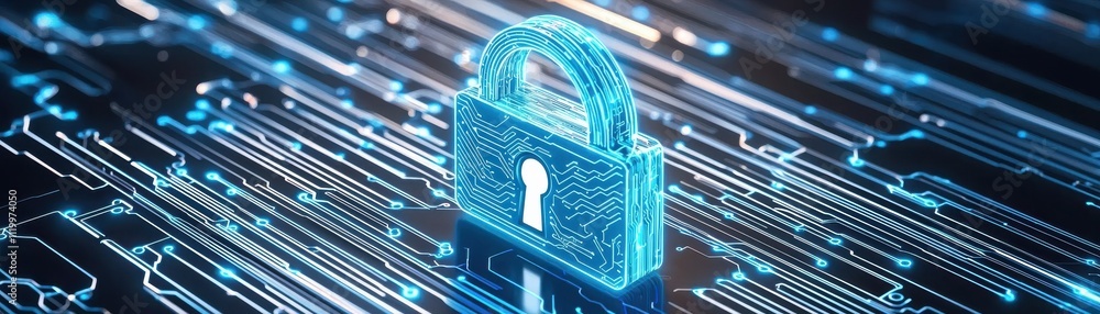 Poster a glowing blue padlock stands on a digital circuit background, symbolizing cybersecurity and data pr