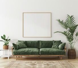 A green velvet sofa sits in a minimalist living room with a large. empty picture frame above it