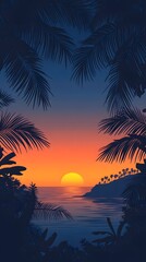 Obraz premium A panoramic view of the sunset over California's diverse coastline, with silhouettes of palm trees and an ocean backdrop.