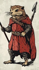 An Otter Warrior in Red Robes Carries a Spear
