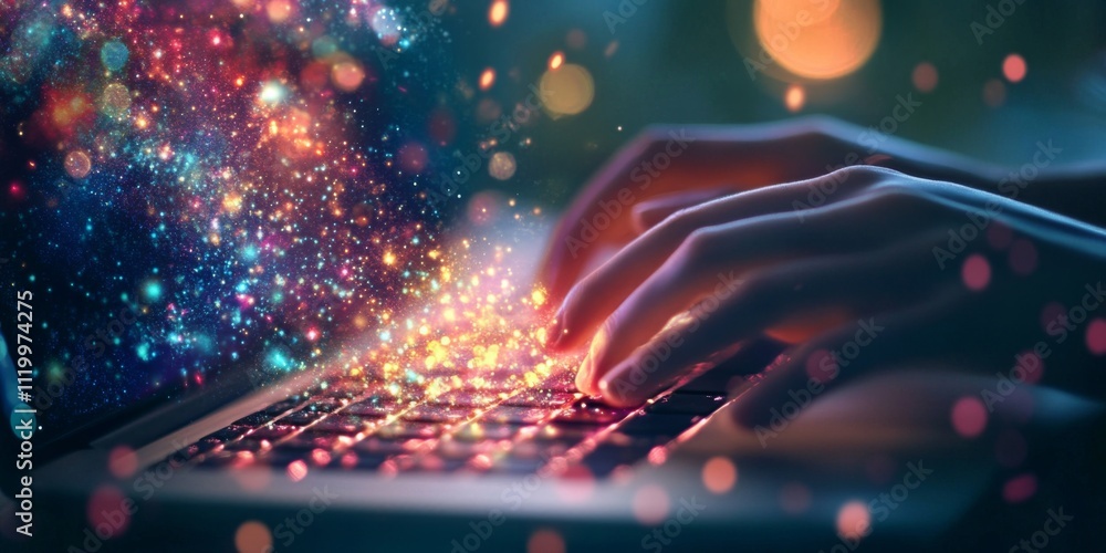 Aufkleber magic of digital creation typing on laptop keyboard with sparkling lights