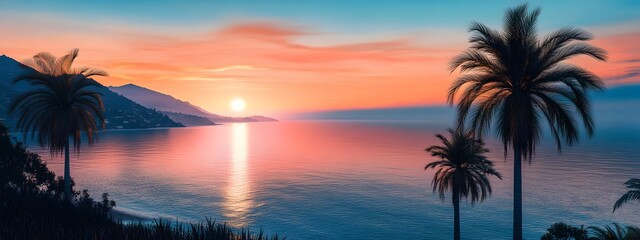 Obraz premium A panoramic view of the sunset over California's diverse coastline, with silhouettes of palm trees and an ocean backdrop.