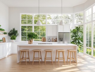 Modern White Kitchen Island With Wooden Stools And Large Windows