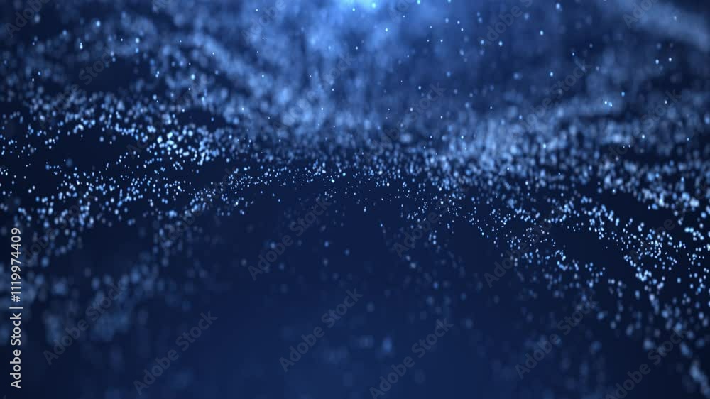 Poster abstract glowing wave from of particles and dots moves on a blue background, big data visualization,