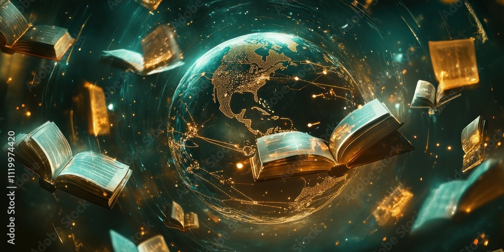 Poster a globe surrounded by floating books, symbolizing knowledge and exploration.