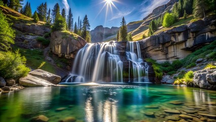 Fototapeta premium Scenic view of a majestic waterfall in full force surrounded by lush greenery and sunlit rocks