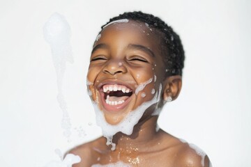 Joyful child playing with bubbles during bath time, radiating happiness and innocence in bright atmosphere