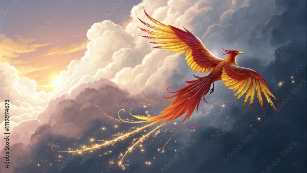 Poster a striking phoenix boasting a dazzling array of colors ranging from deep crimson to golden yellow ca