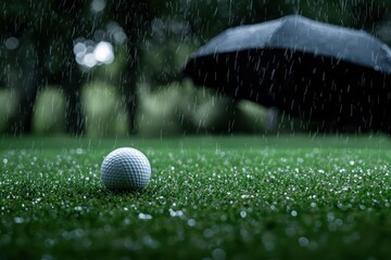 A golf ball on the green with an umbrella for rain protection.