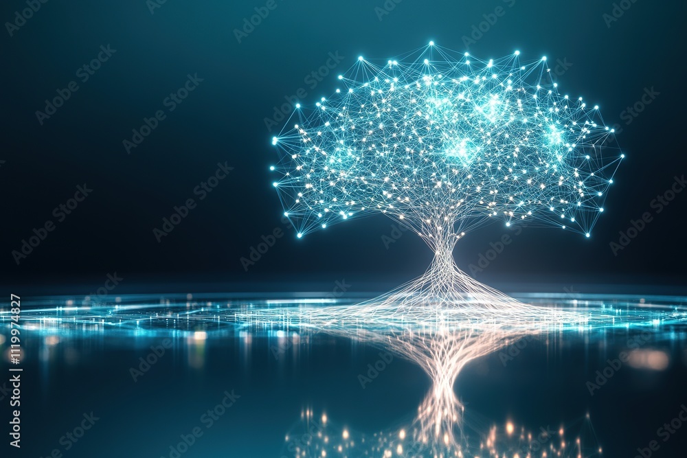 Poster glowing web of interconnected skills forming futuristic tree design above reflective surface