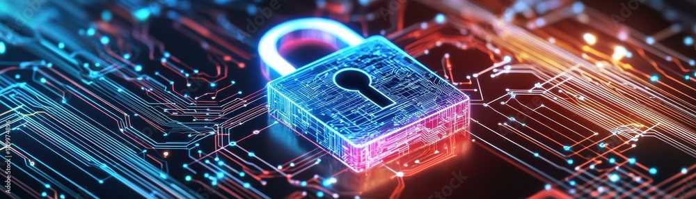 Poster a glowing padlock sits on a circuit board, symbolizing digital security and encryption in a vibrant,