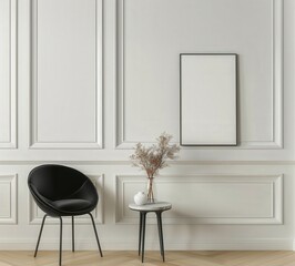 Minimalist living room interior with black chair. side table. and blank frame mockup