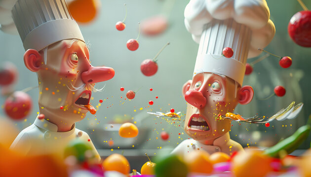 Two rival chefs competing in a high-stakes cooking competition, with love blossoming amidst the culinary chaos