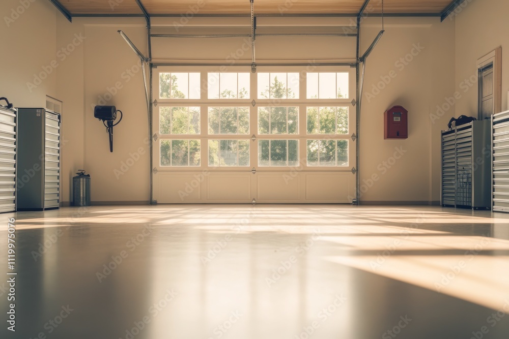 Poster a spacious and well-lit garage with large windows and organized storage.